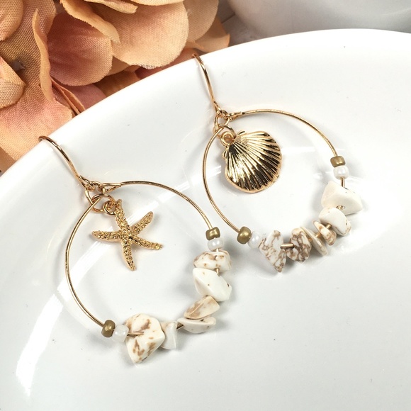 Seashell Bead Hoop Dangle Earrings - Picture 9 of 10
